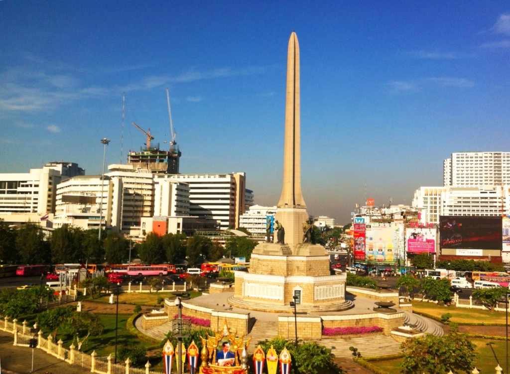 Victory Monument spotted from the train. Built in 1941 to celebrate Thailand's victory against France in the Franco-Thai War.