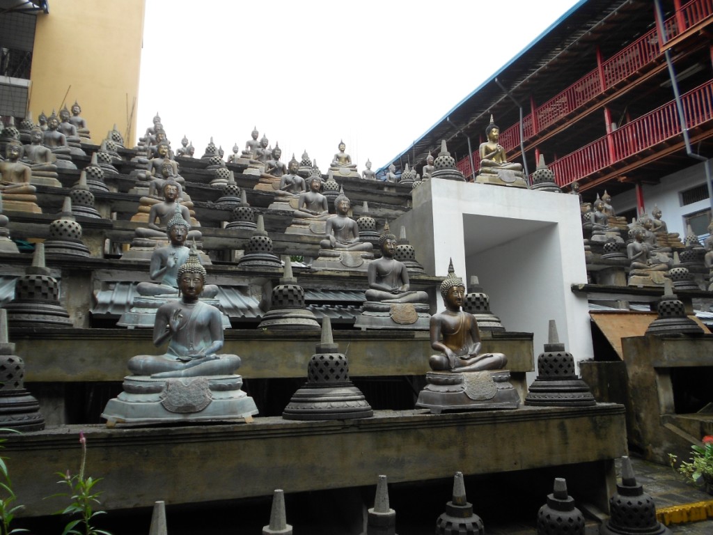 Buddha statues not far from a cat-sized rat scurrying about. 