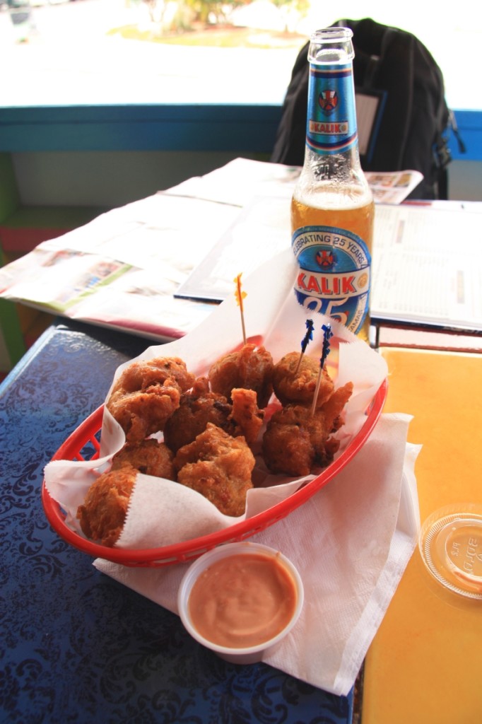Conch fritters for appetizer followed by Grill Conch and Snapper for the main. The drink of choice was Kalik beer.