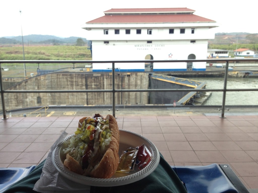 Lunch was a fully loaded hot dog and soda with a view of the locks. 